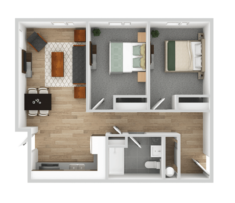 the interior of a studio apartment with a bedroom and a living room